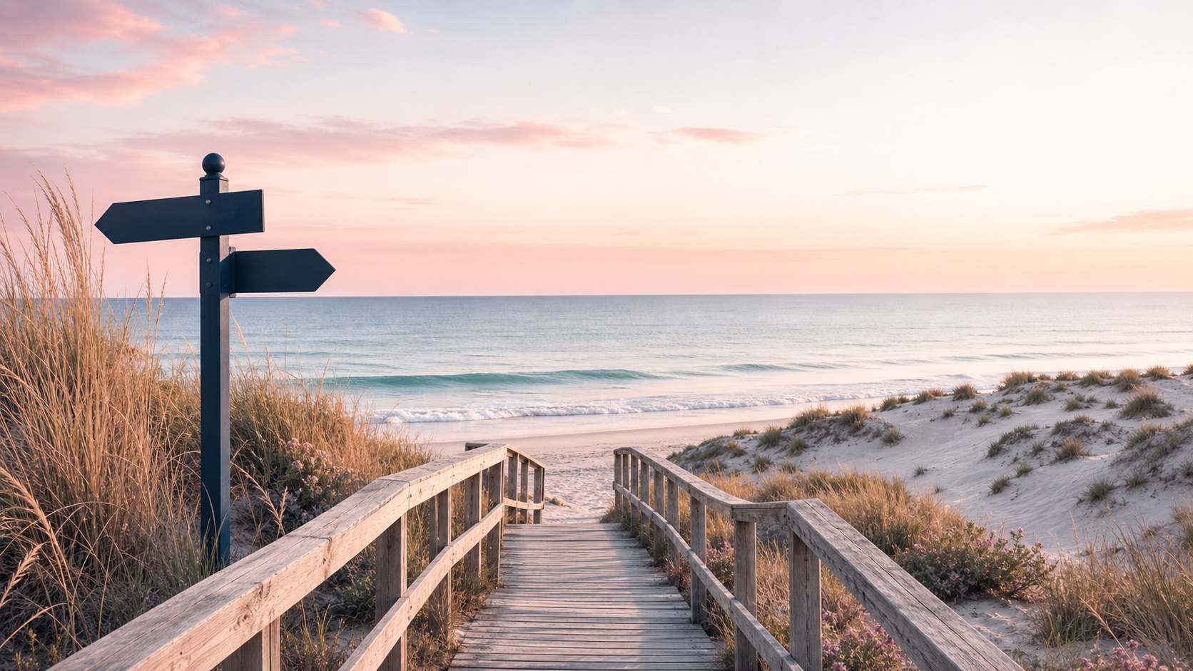 AI-generated coastal boardwalk over dunes toward the ocean