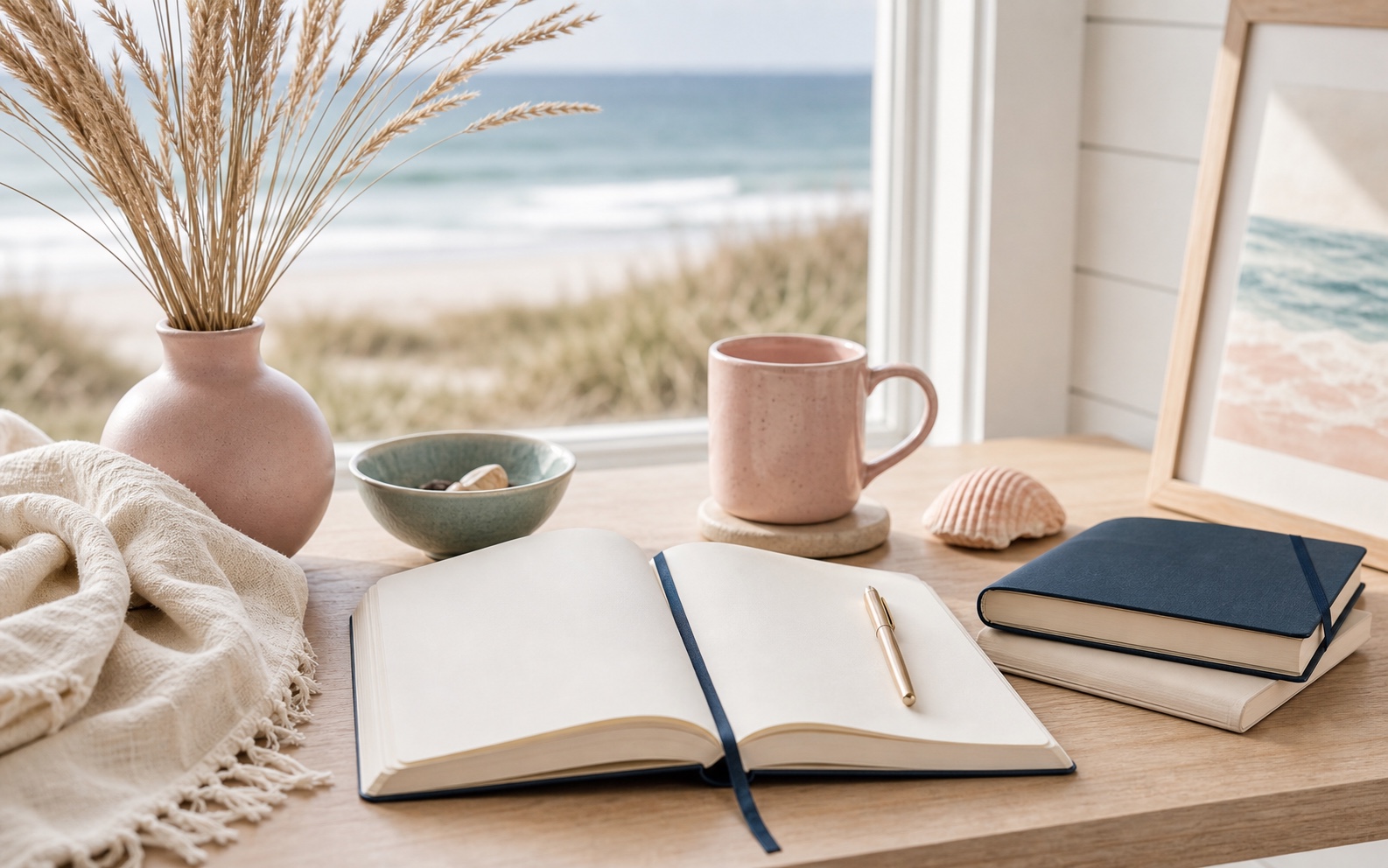 AI-generated coastal desk with journal, mug, and healing resources